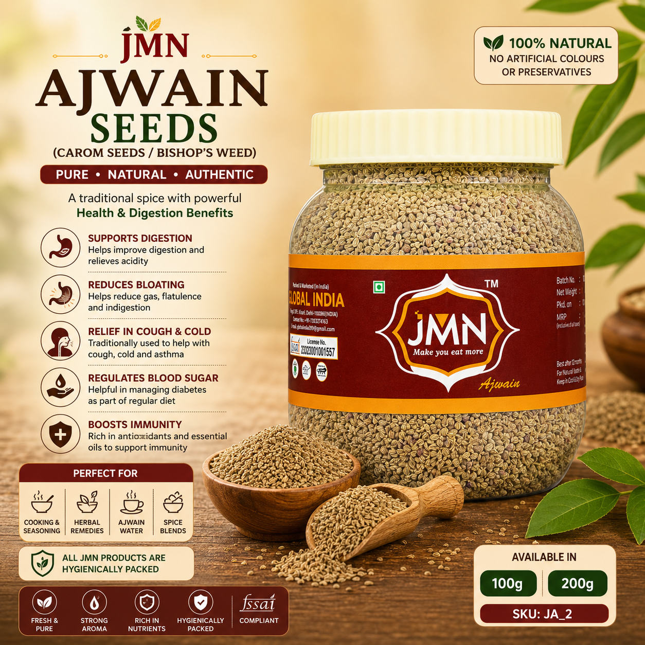 JMN Premium Ajwain Seeds (Carom Seeds) – Natural Digestive Spice | Fresh & Pure | 100% Chemical-Free
