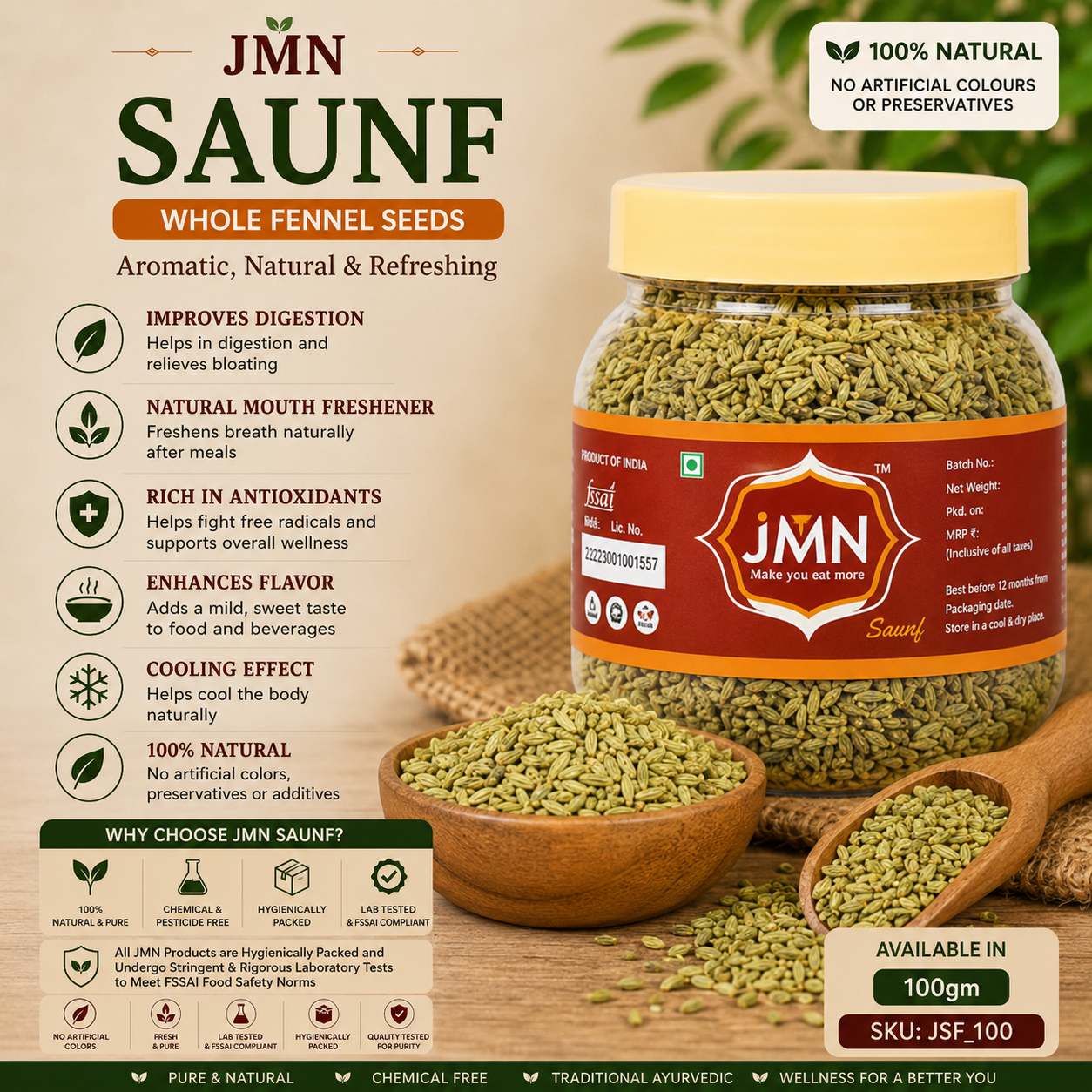 JMN Premium Saunf (Whole Fennel Seeds) – Natural Mouth Freshener & Digestive Spice | Fresh & Pure | Aromatic Indian Fennel Seeds